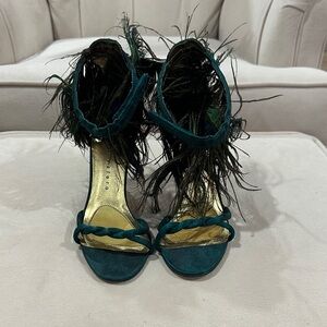Martinez Valero Teal Feathered Sandals